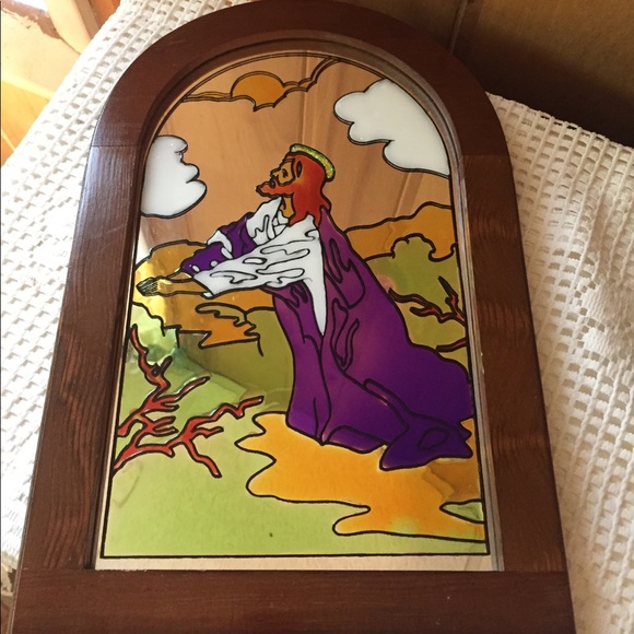 Vintage Stained Glass Flower Art Mirror Solid Oak Frame 19  VINTAGE 60\'s WOOD FRAMED PAINTED STAINED GLASS